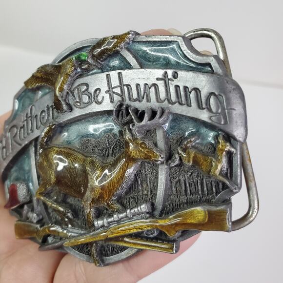 Vtg Siskiyou Belt Buckle I'd Rather Be Hunting Deer Buck Duck Rifle Guns 1987 3" - Picture 10 of 12